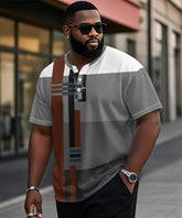 Men's Plus Size Gray Striped Geometric Print Henry Collar Button Short Sleeve T-shirt